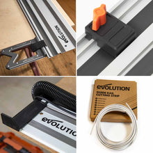 Kit d’accessoires pour rail de guidage de scie Evolution G2 : équerre de rail, guide-câble, butée de scie et bande de protection de bord.
