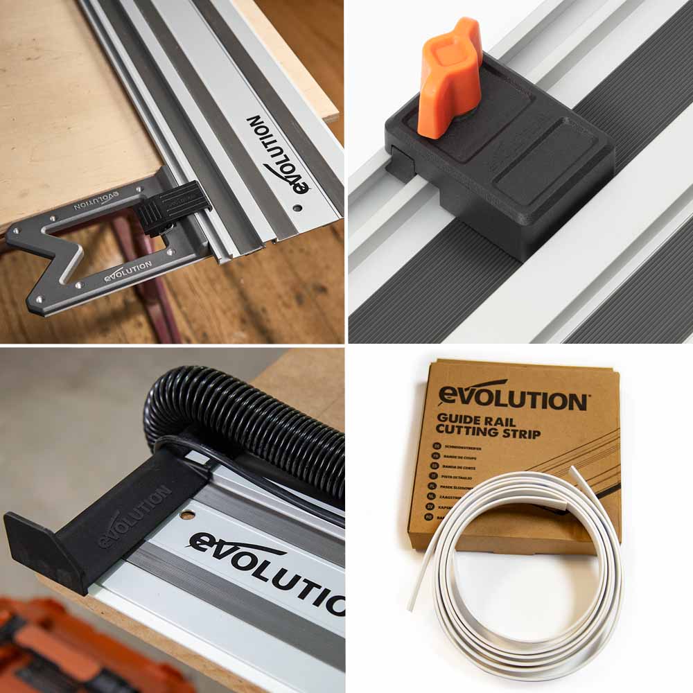 Kit d’accessoires pour rail de guidage de scie Evolution G2 : équerre de rail, guide-câble, butée de scie et bande de protection de bord.