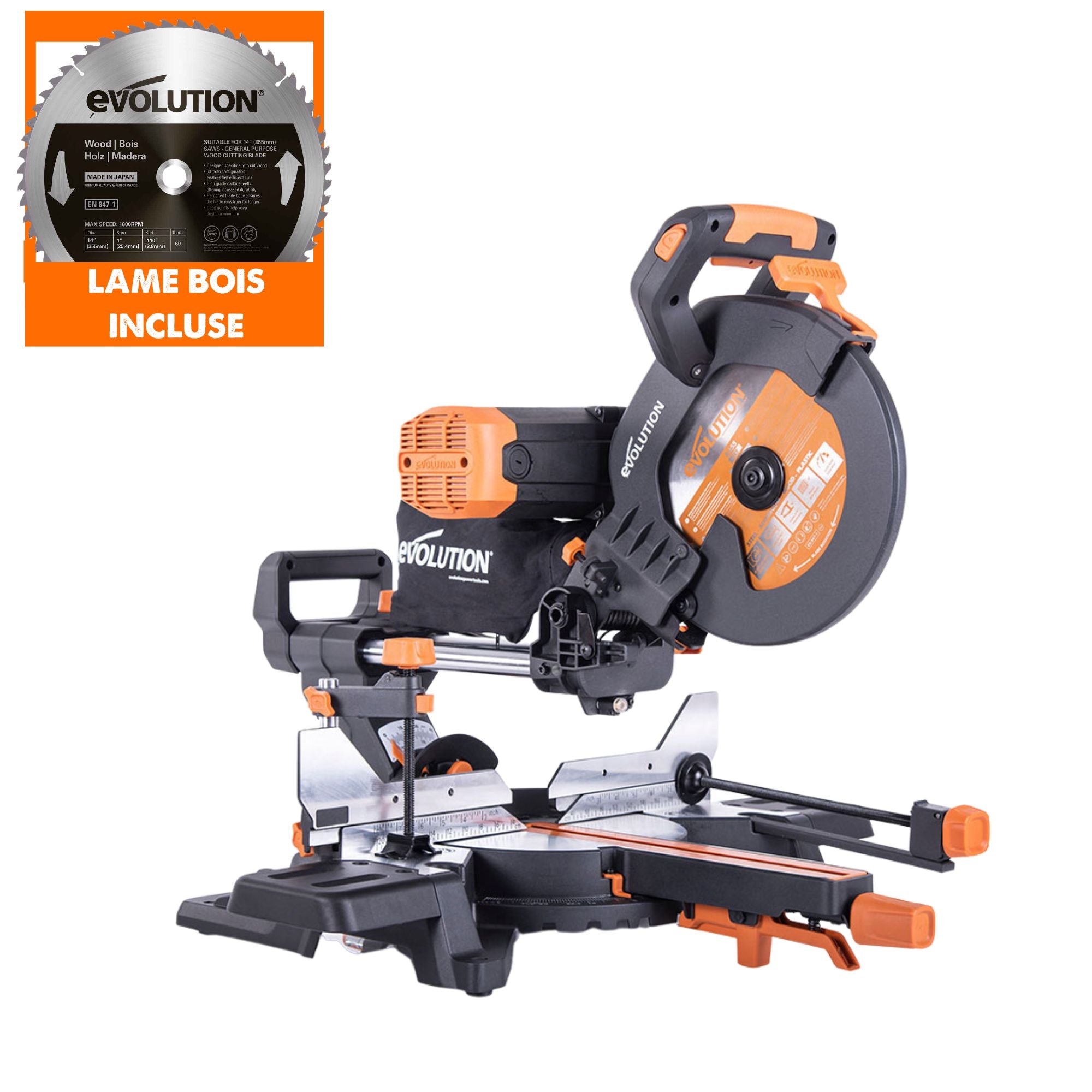 Pack Evolution : Scie à onglet de 255mm double biseau R255SMS-DB+ avec lame multi-matériaux TCT + lame expert bois supplémentaire