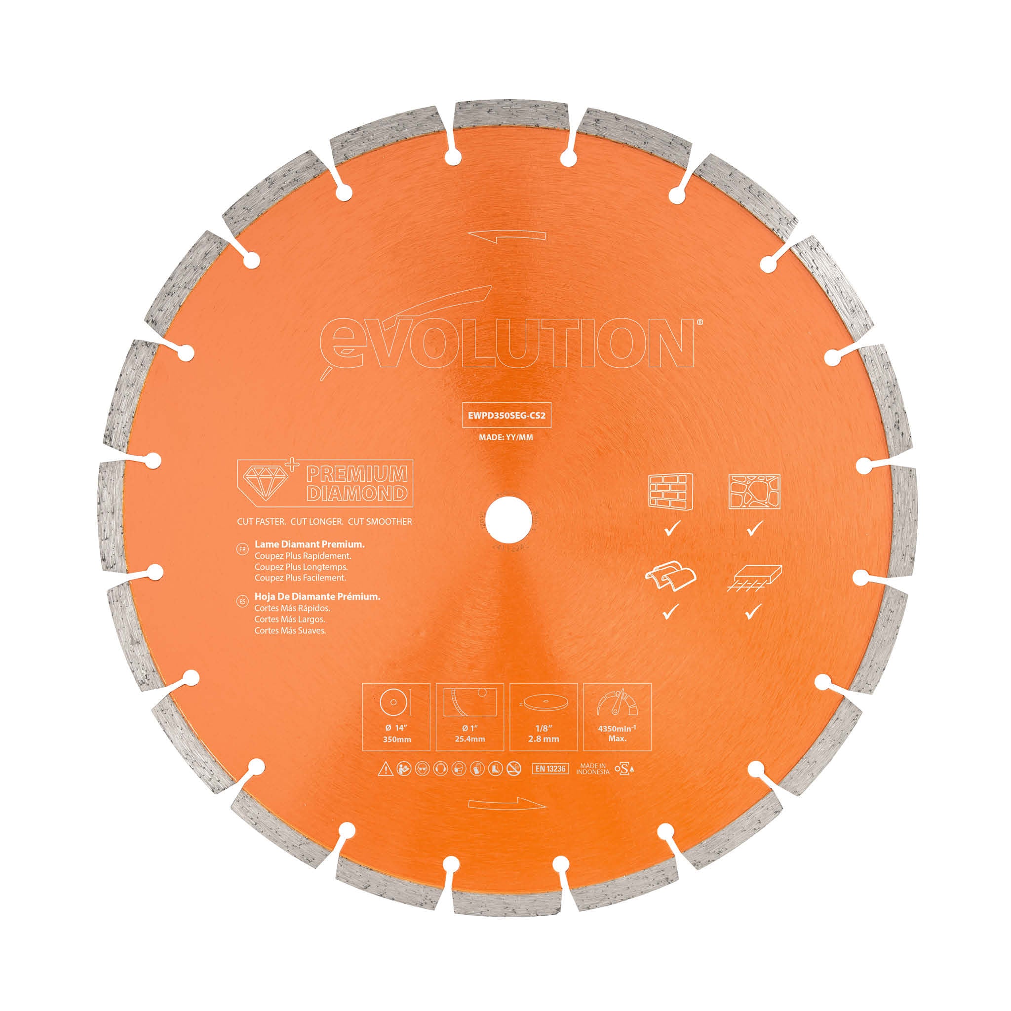 Disque diamant premium segmenté 350mm alésage 22,2mm Evolution pour scie à béton