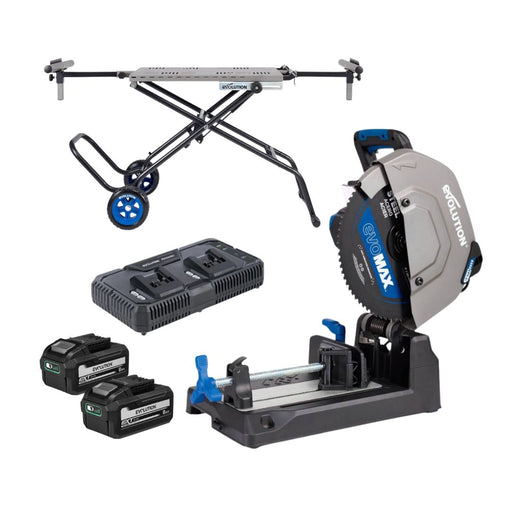 Pack Evolution : Scie à tronçonner sans fil de 355mm Evolution S355CPS-Li pour la coupe du métal avec batteries 8Ah et double chargeur + Support mobile pliable tout-terrain à vérin