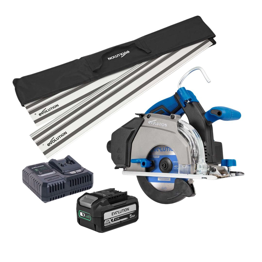 Pack Evolution : Scie circulaire sans fil 165mm Evolution S165CCS-Li à métaux avec batterie 5Ah et chargeur + guide de coupe 2.8m ST2800-G2