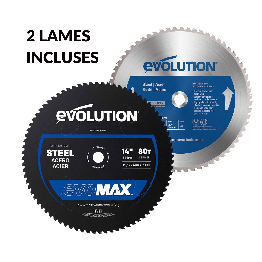 Pack Evolution : Scie à onglet 355mm Evolution S355MCS avec lame cermet EVOMAX acier 80 dents