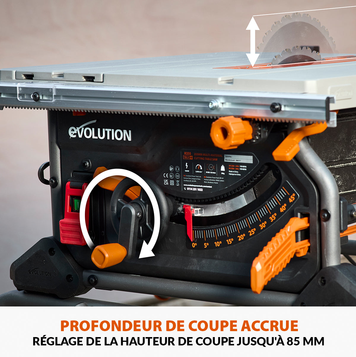 Scie sur table Evolution R255TBL+ 255mm 1800W avec lame multi-matériaux TCT
