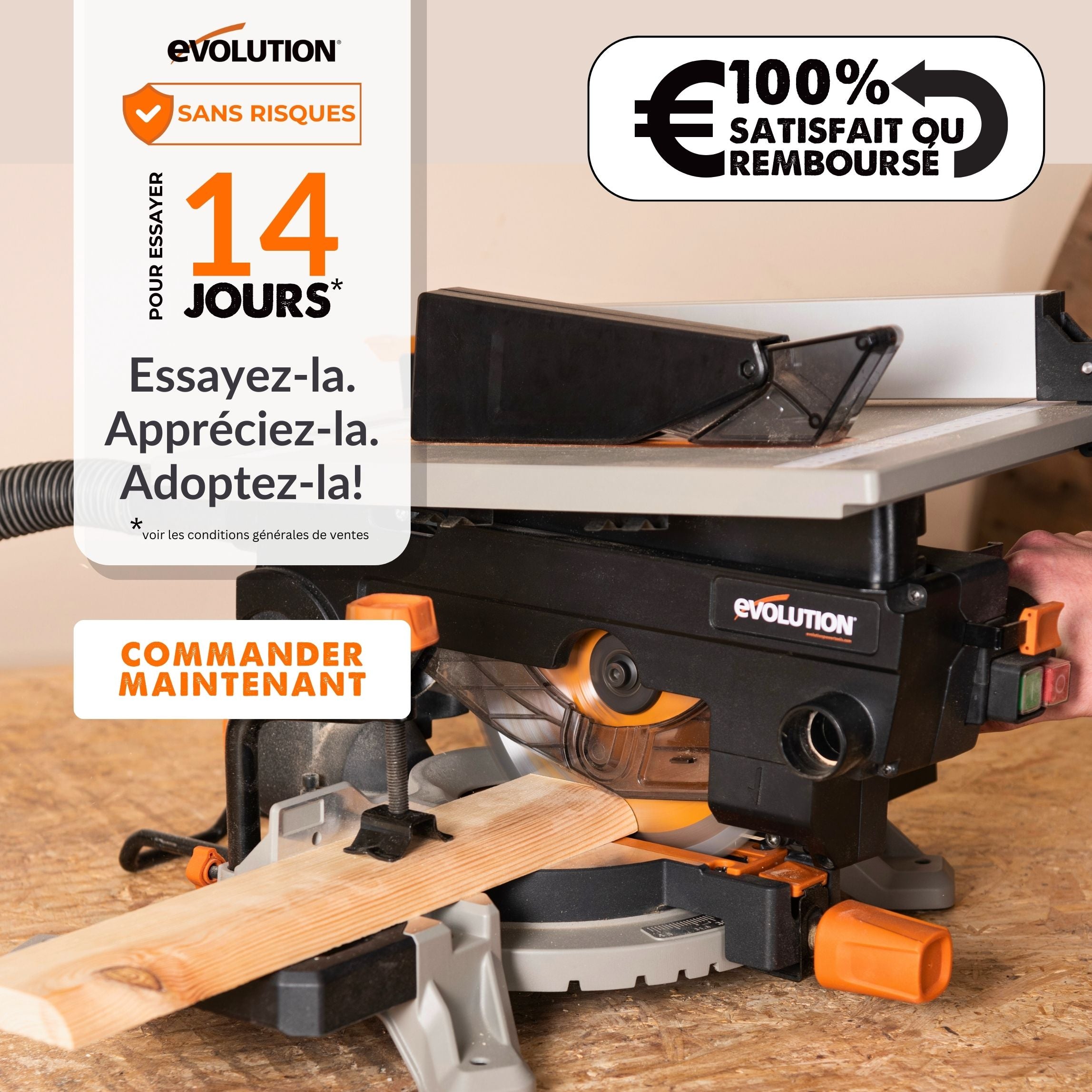 Pack Evolution : Scie à onglet avec table 210mm Evolution R210MTS-G2 210mm avec Lame multi-matériaux TCT + Support