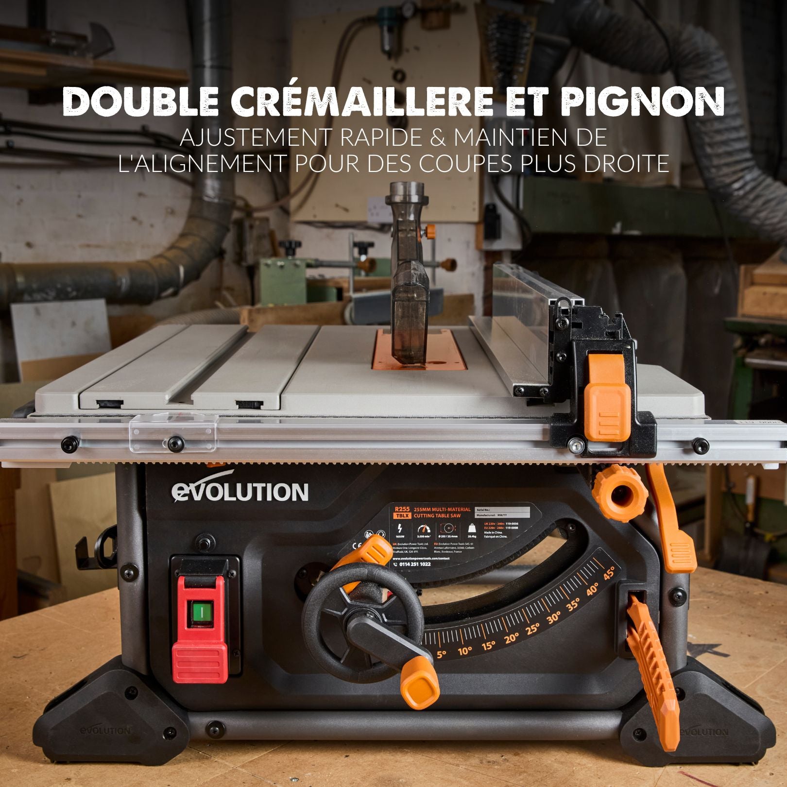 Scie sur table Evolution R255TBL 255mm 1650W avec lame multi-matériaux TCT