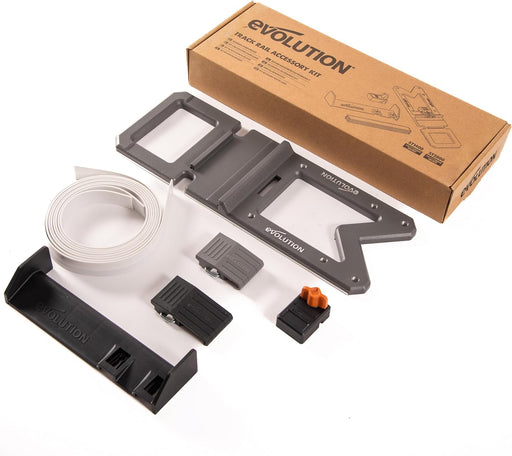 Kit d’accessoires pour rail de guidage de scie Evolution G2 : équerre de rail, guide-câble, butée de scie et bande de protection de bord.