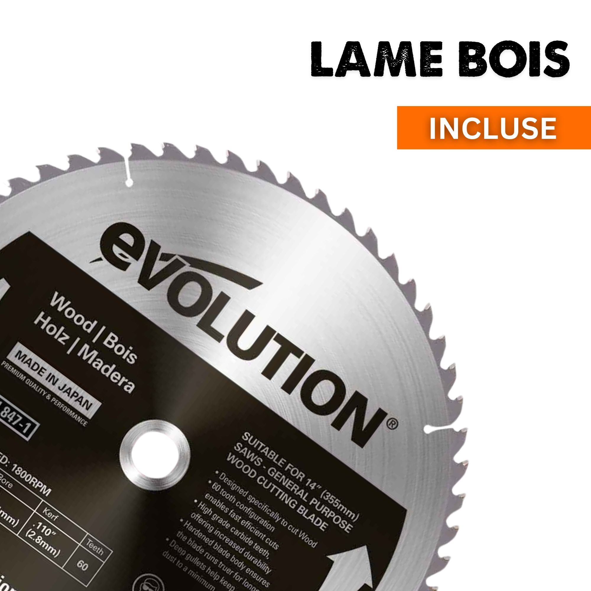 Pack Evolution : Scie sur table Evolution R255TBL 255mm 1650W avec lame multi-matériaux TCT + lame bois supplémentaire