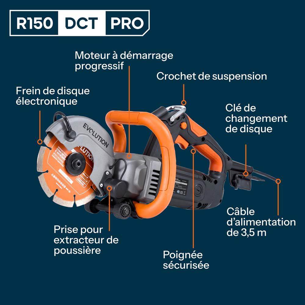 Scie à béton électrique R150DCT-PRO de 150mm avec système d'arrosage et disque diamanté haute résistance