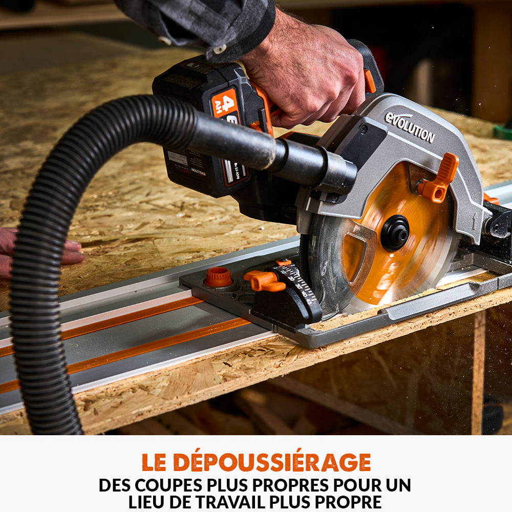 Pack Evolution : Scie circulaire sans fil 185mm Evolution R185CCSX-Li avec batterie 4Ah et chargeur + guide de coupe 2.8m