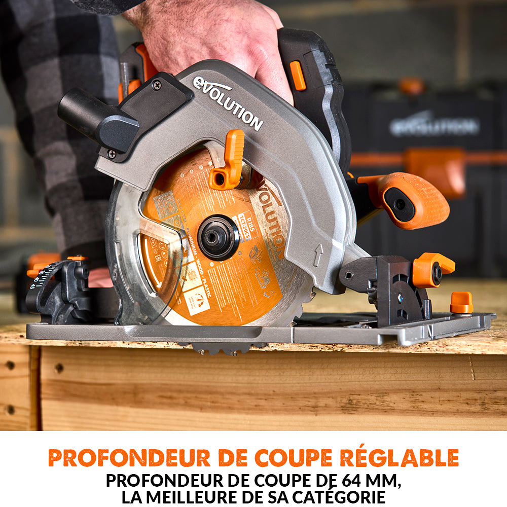 Pack Evolution : Scie circulaire sans fil 185mm Evolution R185CCSX-Li avec batterie 4Ah et chargeur + guide de coupe 2.8m