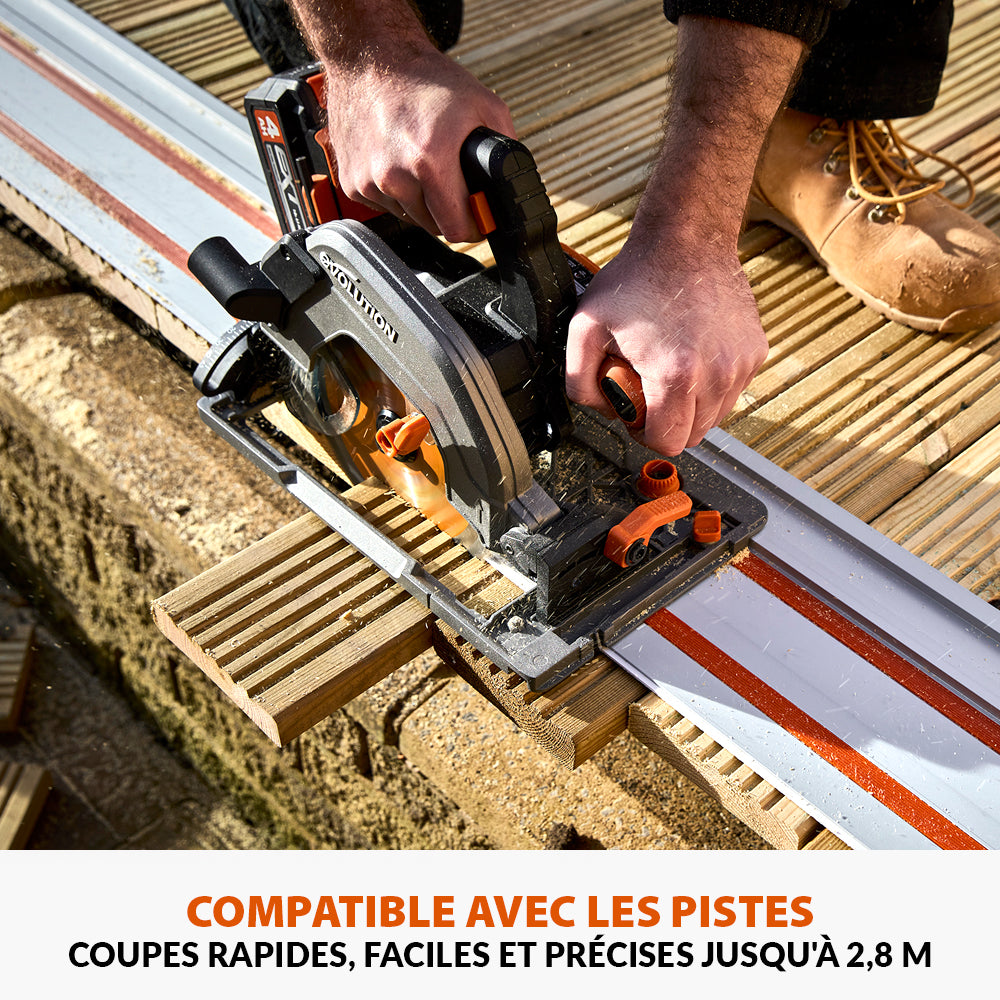 Pack Evolution : Scie circulaire sans fil 185mm Evolution R185CCSX-Li avec batterie 4Ah et chargeur + guide de coupe 2.8m