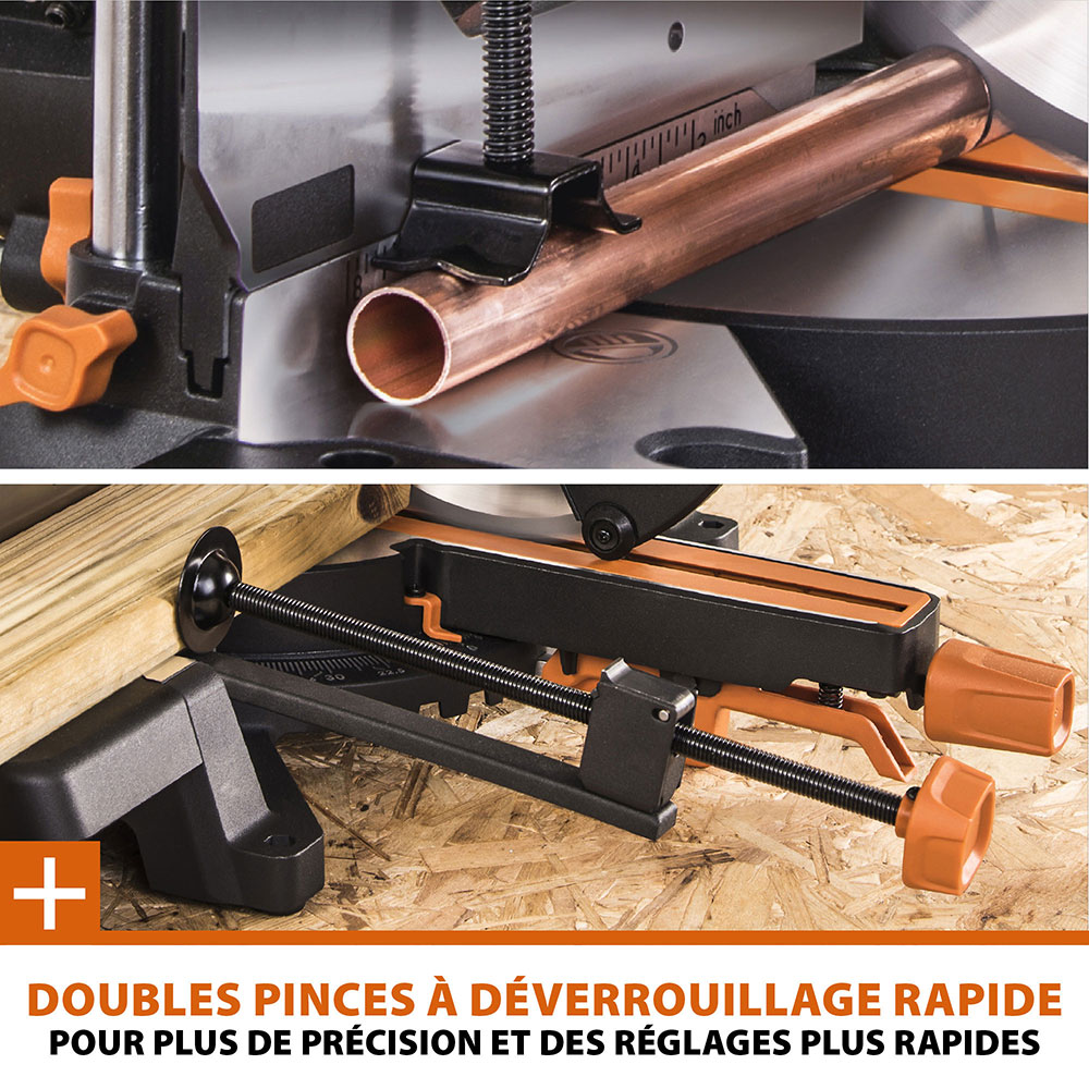 Pack Evolution : Scie à onglet de 255mm double biseau R255SMS-DB+ avec lame multi-matériaux TCT + lame expert bois supplémentaire