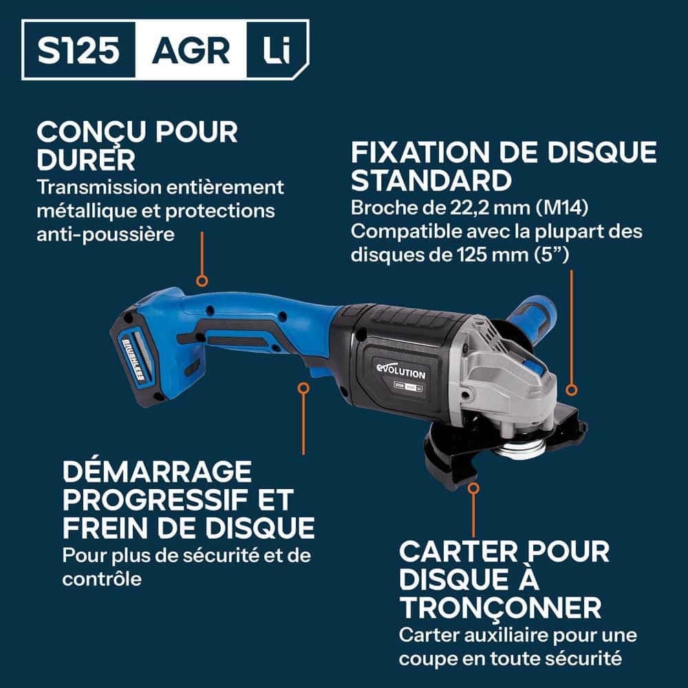 Meuleuse d'angle de sans fil 125mm Evolution S125AGR-Li avec moteur Brushless sans disque