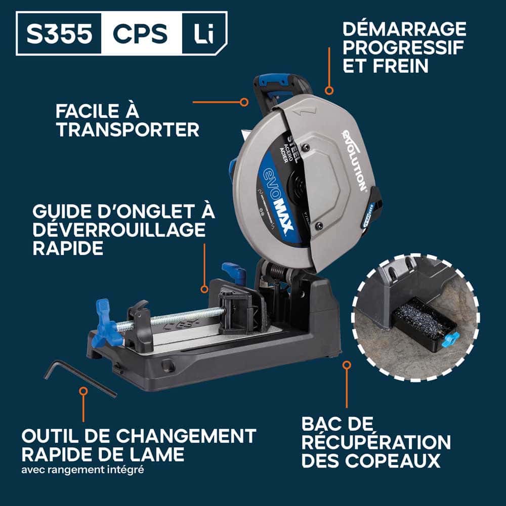 Scie à tronçonner sans fil de 355mm Evolution S355CPS-Li pour la coupe du métal, avec moteur brushless et lame EvoMax