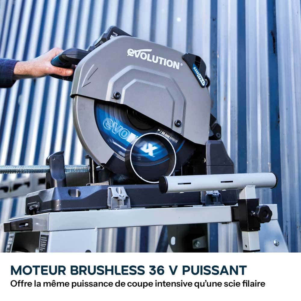 Scie à tronçonner sans fil de 355mm Evolution S355CPS-Li pour la coupe du métal, avec moteur brushless et lame EvoMax