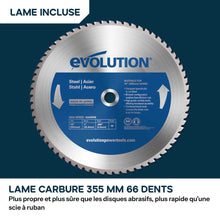 Scie à tronçonner de 355mm Evolution S355CPSL pour métaux avec lame TCT pour acier