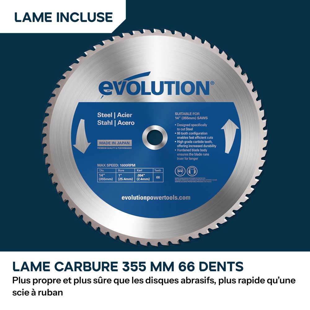 Scie à tronçonner de 355mm Evolution S355CPSL pour métaux avec lame TCT pour acier