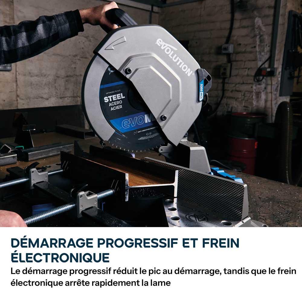 Scie à onglet 355mm Evolution S355MCS-G2 pour la découpe du métal + Support mobile pliable tout-terrain à vérin