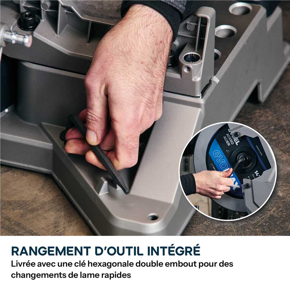 Scie à onglet 355mm Evolution S355MCS-G2 pour la découpe du métal + Support mobile pliable tout-terrain à vérin
