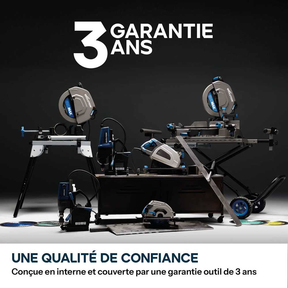 Scie à onglet 355mm Evolution S355MCS-G2 pour la découpe du métal + Support mobile pliable tout-terrain à vérin