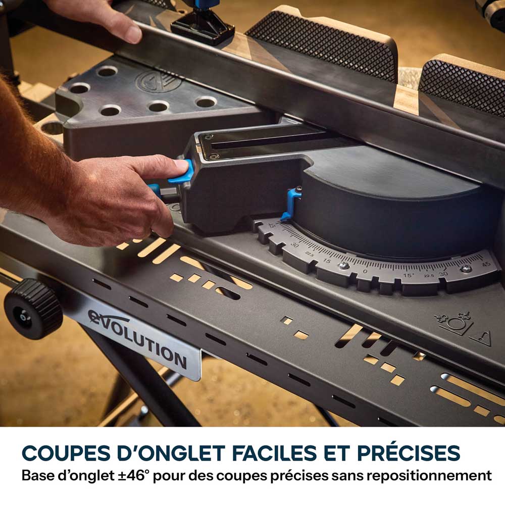 Scie à onglet 355mm Evolution S355MCS-G2 pour la découpe du métal + Support mobile pliable tout-terrain à vérin