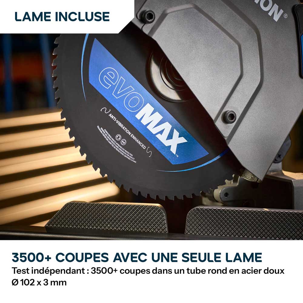 Scie à onglet 355mm Evolution S355MCS-G2 pour la découpe du métal + Support mobile pliable tout-terrain à vérin