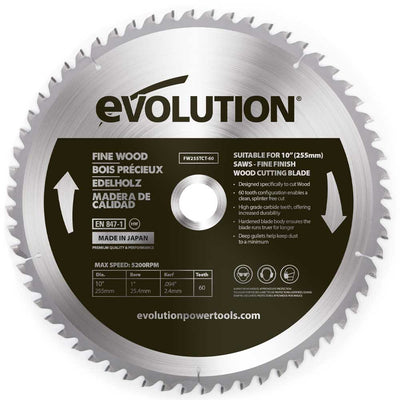 Lame expert pour bois TCT 255mm Evolution 60 dent, alésage 25.4mm pour scie à onglet et scie sur table
