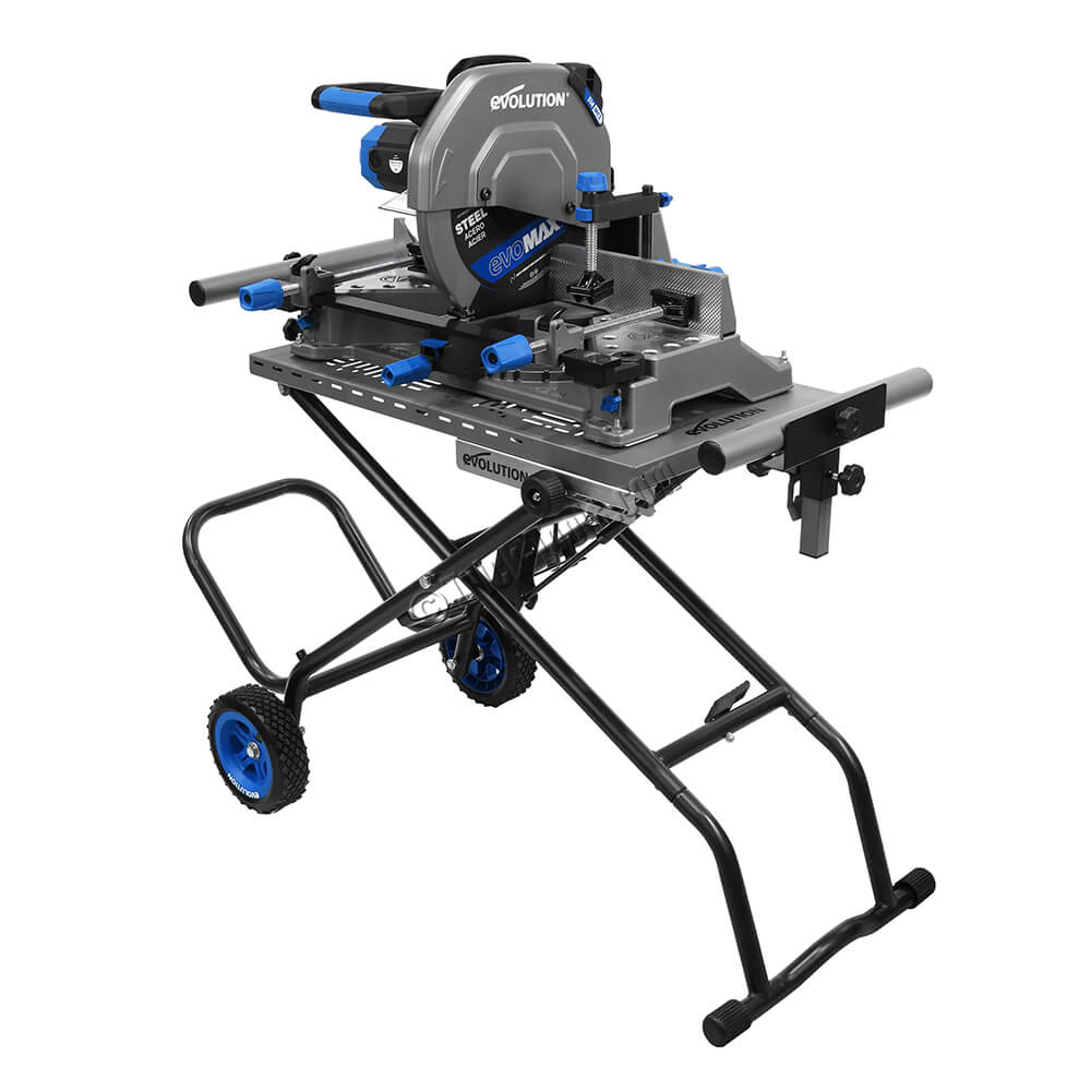 Scie à onglet 355mm Evolution S355MCS-G2 pour la découpe du métal + Support mobile pliable tout-terrain à vérin