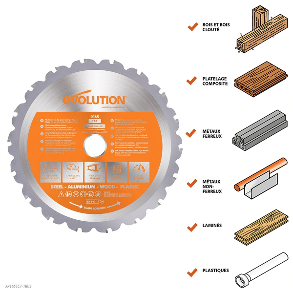 Lame multi-matériaux TCT 165mm 18 dents alésage 20mm Evolution pour Scie circulaire