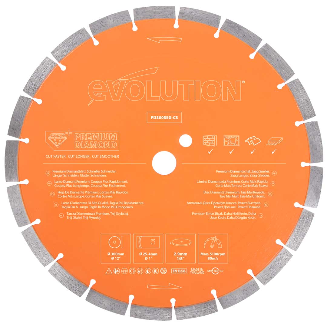 Disque diamant premium segmenté 300mm alésage 22,2mm Evolution pour scie à béton