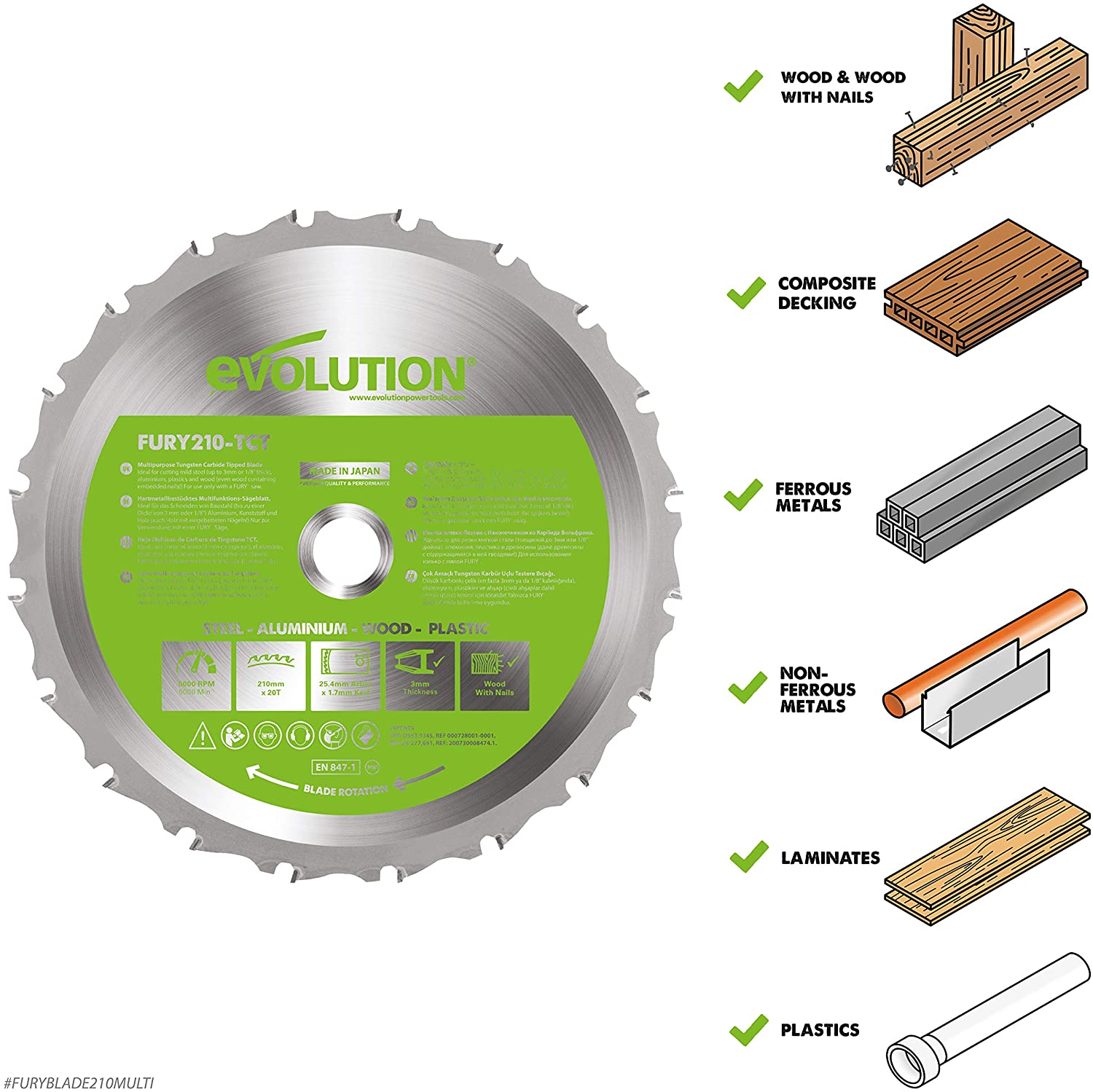 Lame multi-matériaux TCT 210mm 20 dents alésage 25,4mm Evolution pour Scie à onglet et Scie sur table