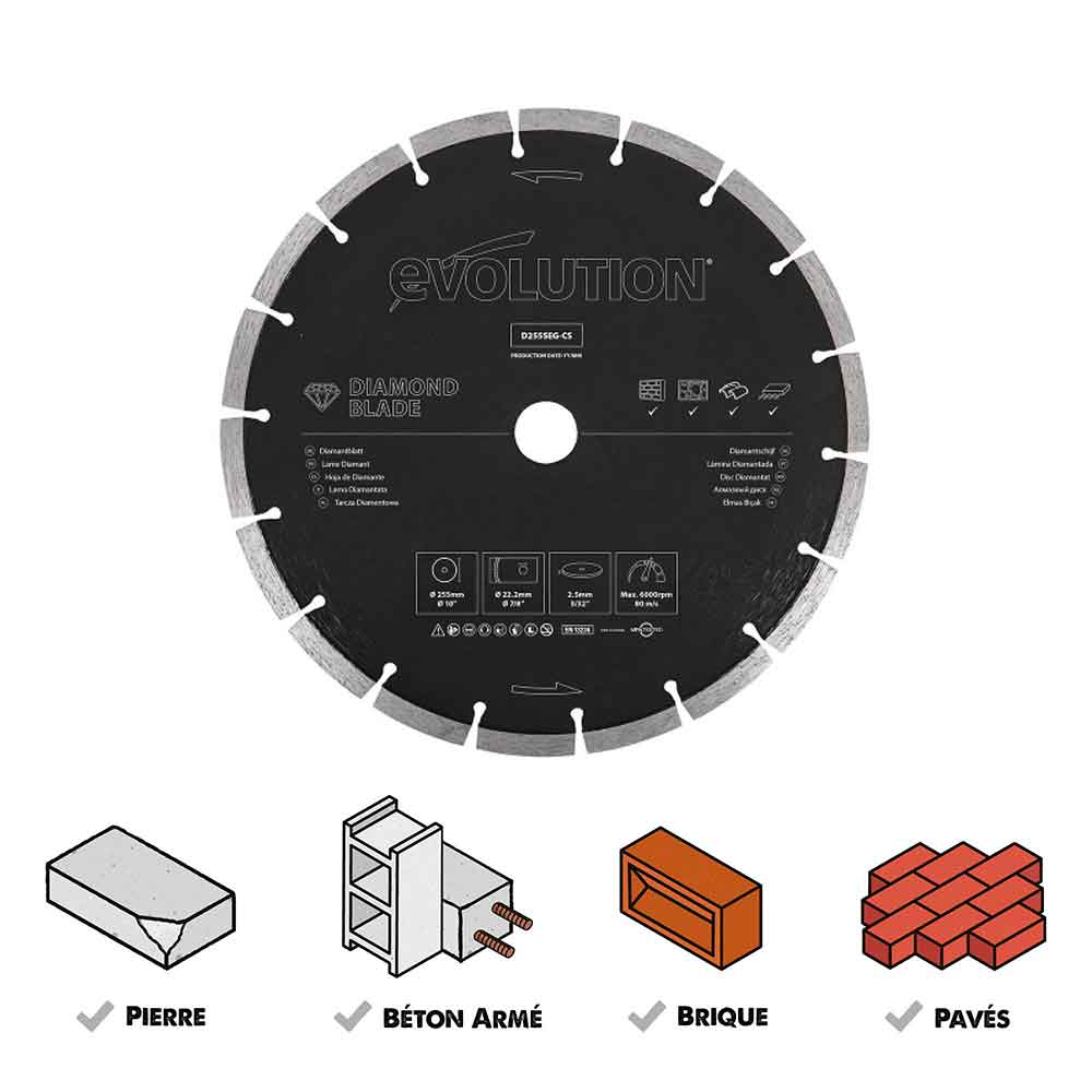 Disque diamant segmenté 255mm alésage 22,2mm Evolution pour scie à béton