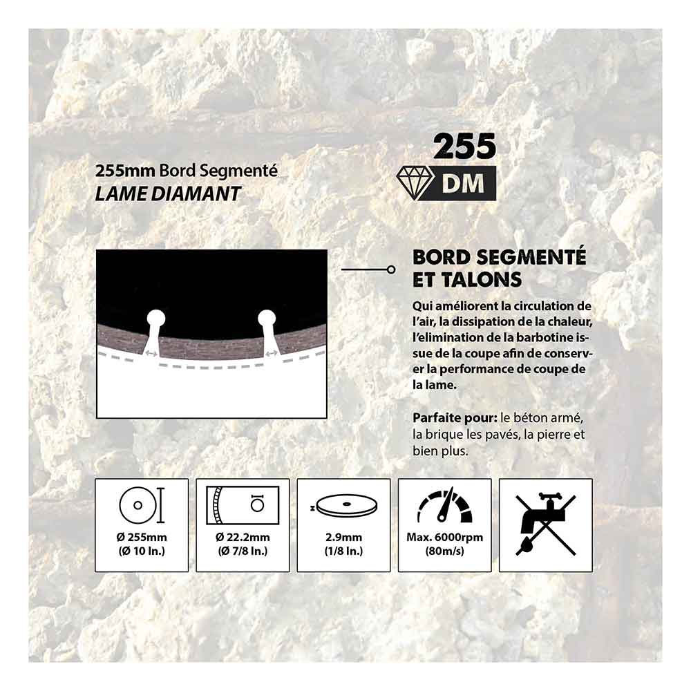 Disque diamant segmenté 255mm alésage 22,2mm Evolution pour scie à béton