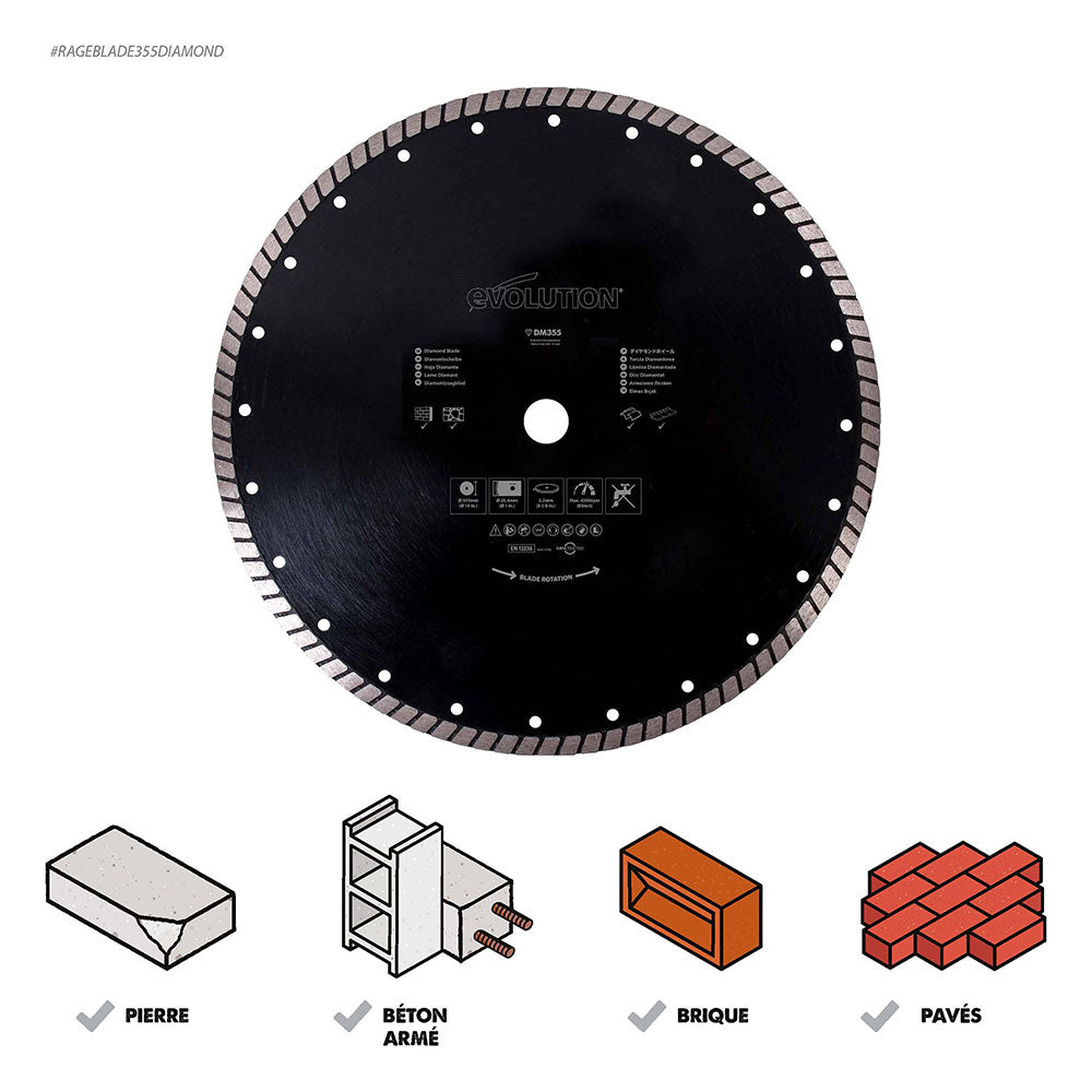 Disque diamant 355mm alésage 25,4mm Evolution pour Scie à tronçonner