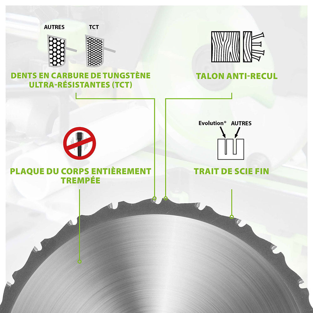 Lame multi-matériaux TCT 255mm 24 dents alésage 25,4mm Evolution pour Scie à onglet et Scie sur table