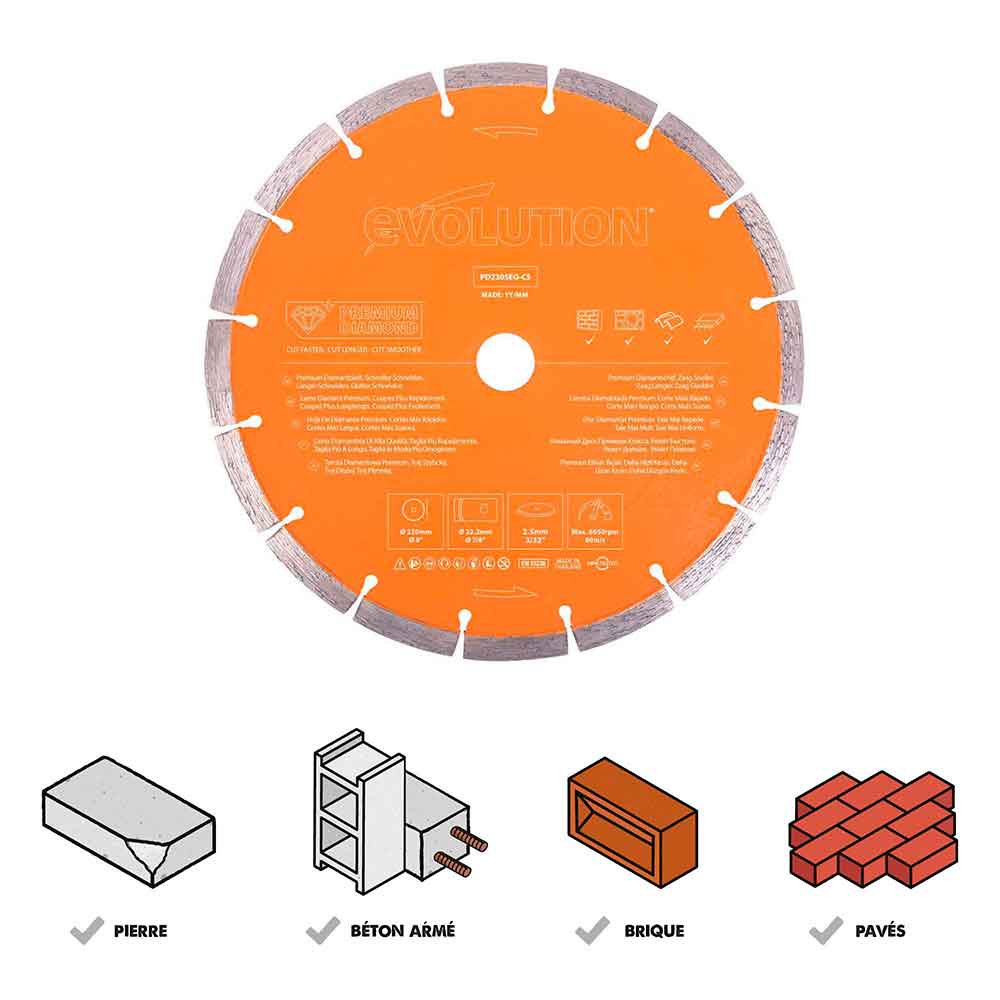 Disque diamant premium segmenté 230mm alésage 22,2mm Evolution pour scie à béton