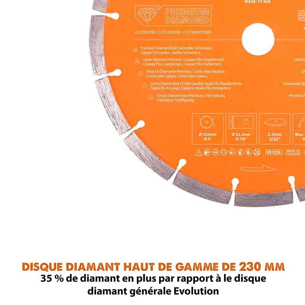 Disque diamant premium segmenté 230mm alésage 22,2mm Evolution pour scie à béton