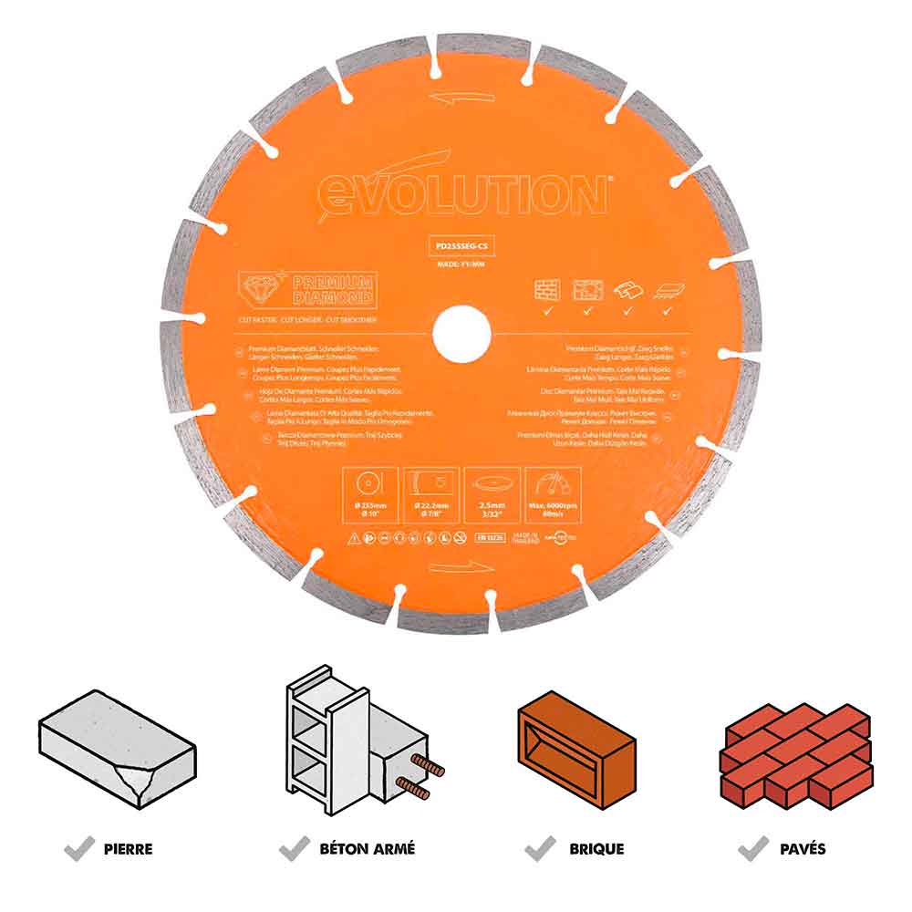 Disque diamant premium segmenté 230mm alésage 22,2mm Evolution pour scie à béton