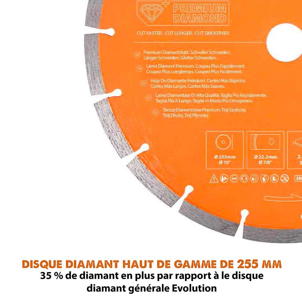 Disque diamant premium segmenté 255mm alésage 22,2mm Evolution pour scie à béton