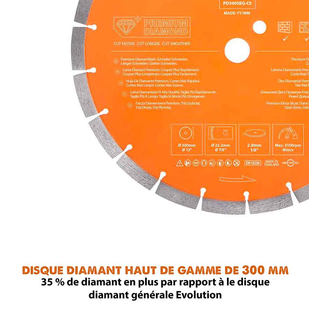 Disque diamant premium segmenté 300mm alésage 22,2mm Evolution pour scie à béton