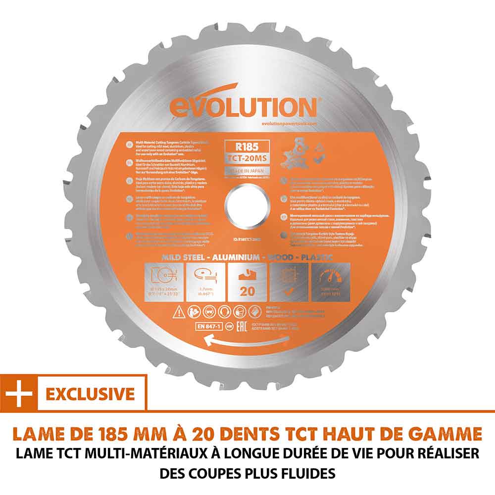 Scie à onglet électrique 185mm Evolution R185SMS+ avec lame multi-matériaux TCT
