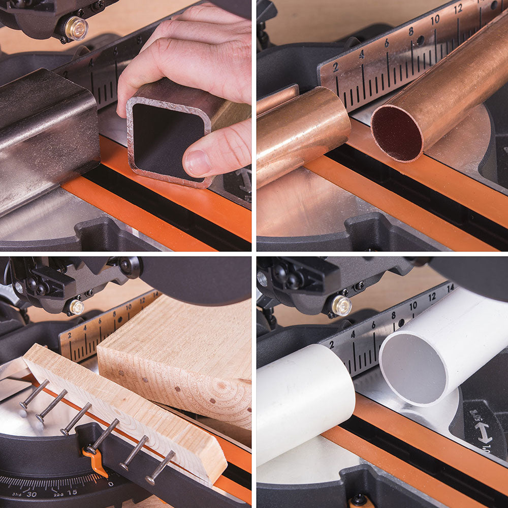 Pack Evolution : Scie à onglet électrique 210mm R210SMS-300+ avec Lame multi-matériaux TCT + Support