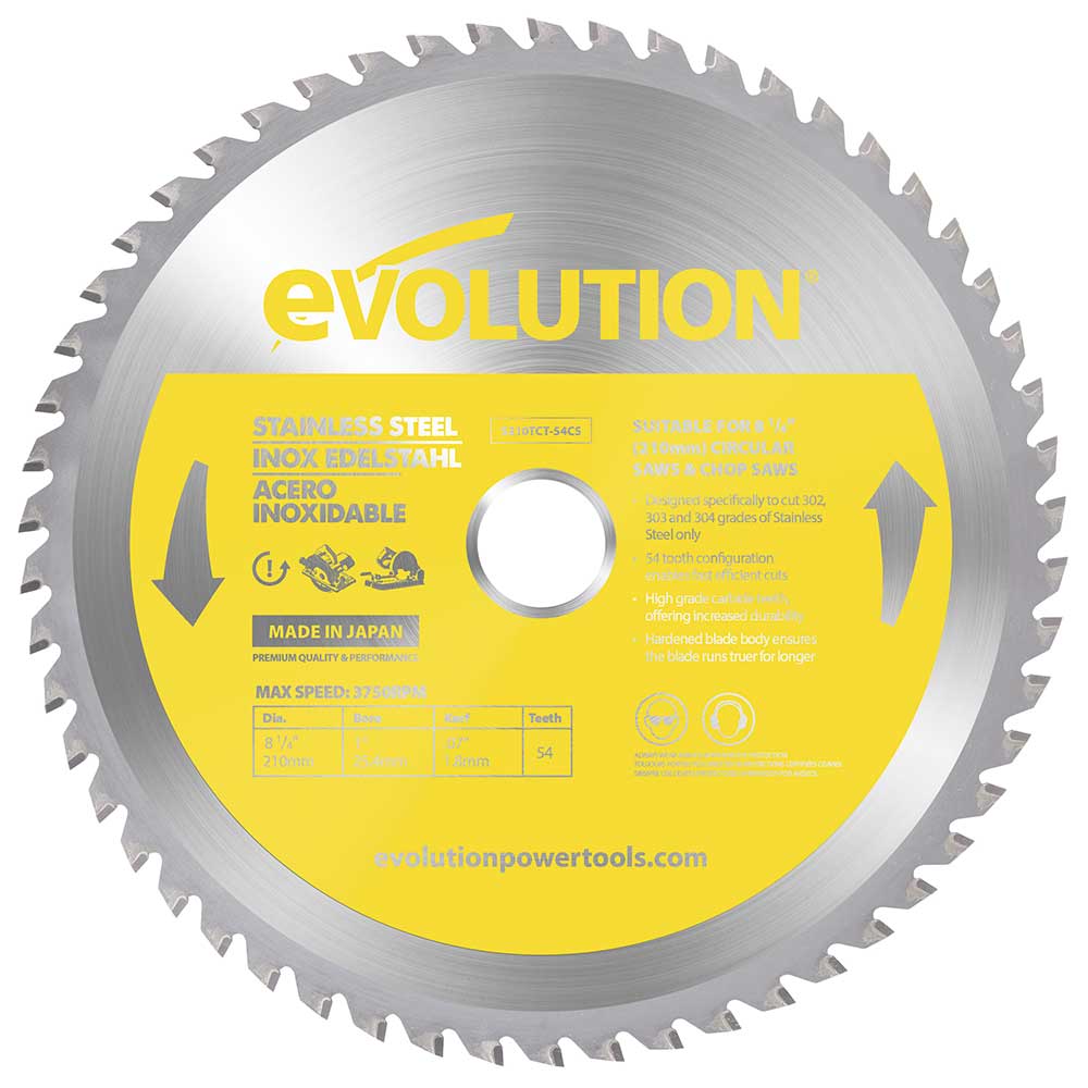 Lame spéciale pour la découpe de l'acier inoxydable de 210mm, 54 dents, alésage de 25.4 mm Evolution pour scies circulaires